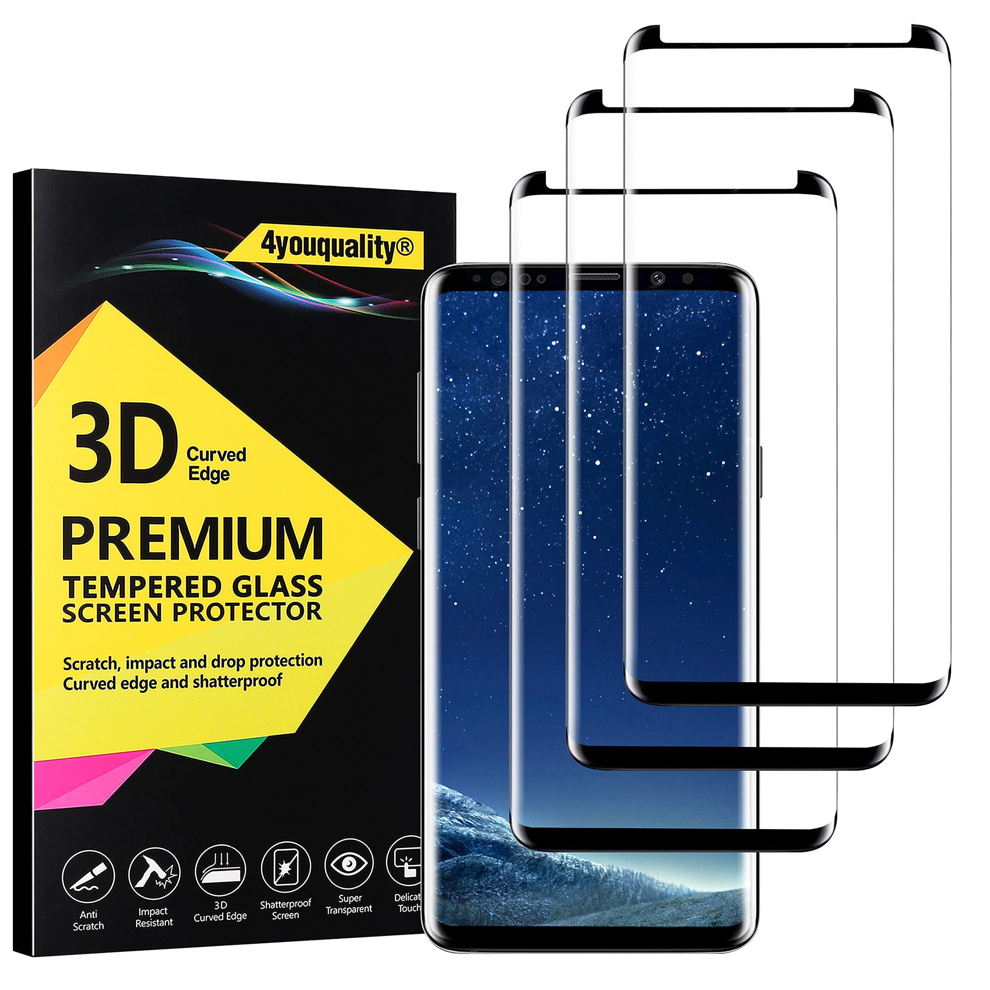 4youquality [3-Pack Samsung Galaxy S8 Plus S8+ Screen Protector, Tempered Glass Film [LifetimeSupport][Full Coverage][Scratch-Resistant] Screen Protector for Samsung Galaxy S8 Plus S8+