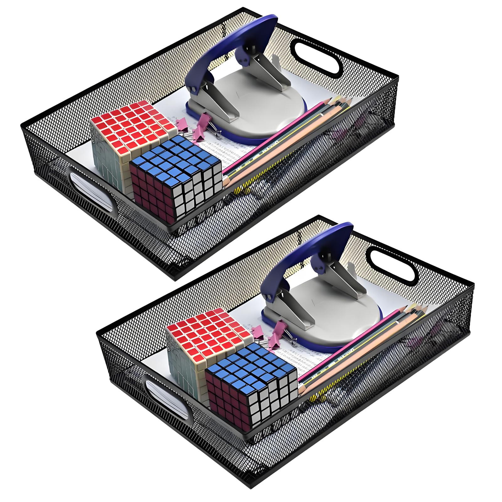 Photo 1 of RHONZHAO 2 Pcs Heavy-Duty Metal Mesh Desk Organizer Tray, A4 Large Office Storage Box Set, 12.6X 9.1 x 2.8Inches, Large Capacity for Home and Office Supplies