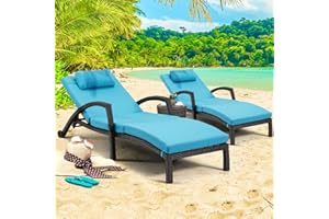 HOMREST Outside Chaise Lounge Chairs Set of 2, Adjustable 5 Position Outdoor PE Rattan Wicker Patio Pool Lounge Chair with Cushion, Arm, Pillow and Wheels for Poolside Backyard Deck Porch,Blue