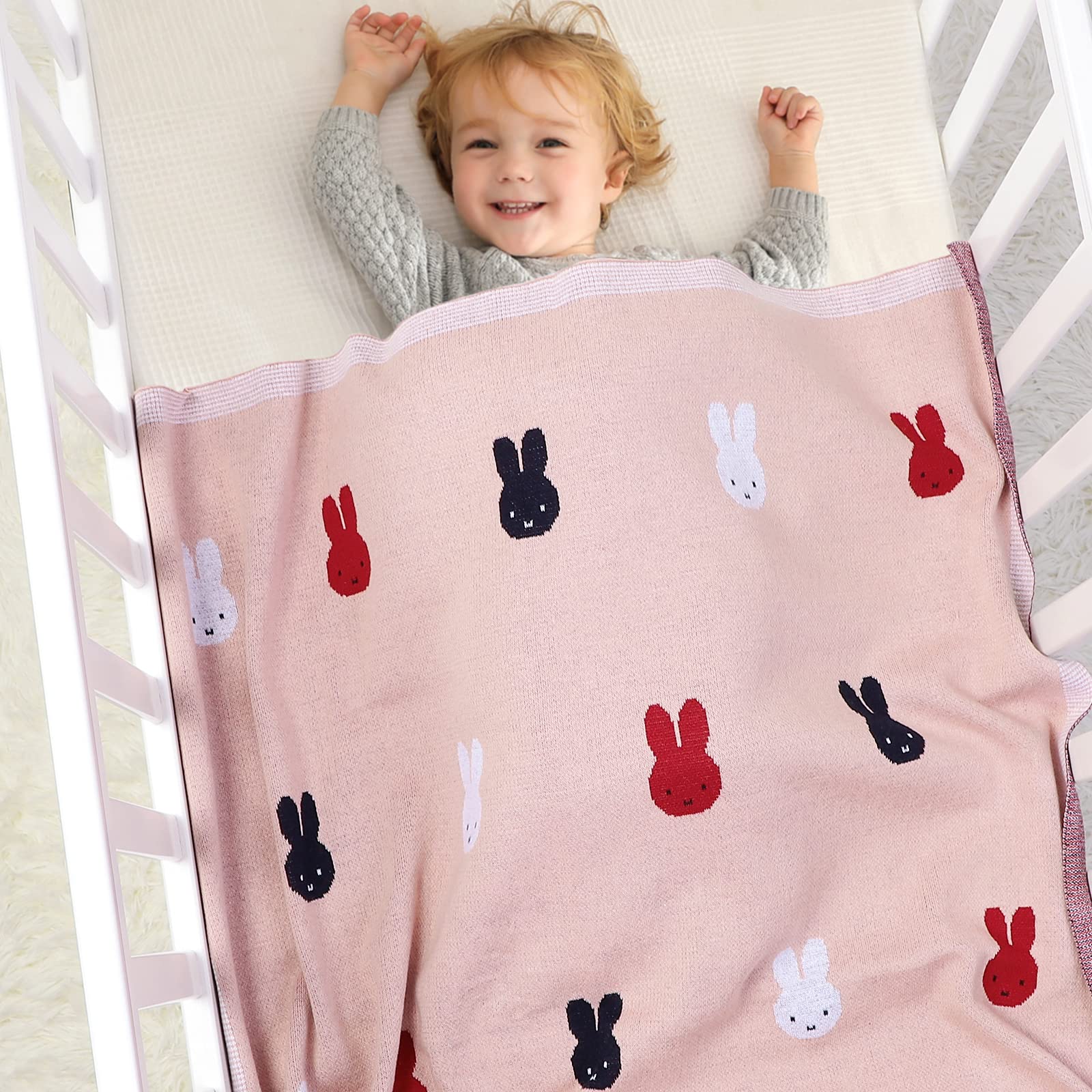 DovFanny Newborn Baby Super Soft Knitted Blanket Toddler Unisex Boys Girls 100% Cotton Banket with Lovely Rabbit Pattern 100 x 80cm Pink