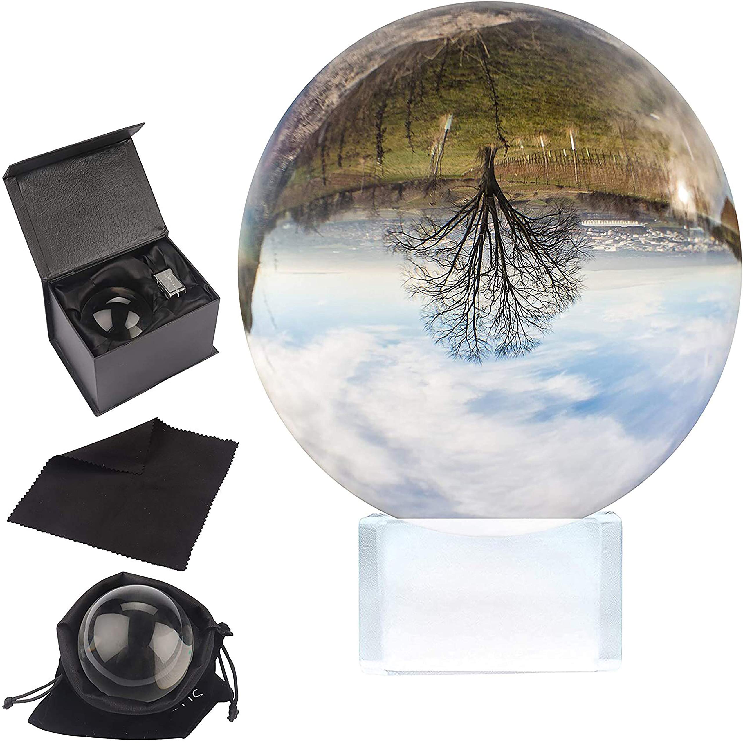 Belle Vous K9 Crystal Ball 80mm - 8cm Photography Ball with Crystal Stand, Velvet Pouch, Microfiber Cloth and Gift Box - Clear Lens Sphere for Photos - Glass Ball Globe also for Meditation & Healing