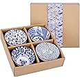 VanEnjoy Set of 4 Japanese Style Ceramic Rice Bowl with Gift Box,Blue and White Pattern Bowls Set,Underglazed Dinnerware, For Dessert Snack Cereal Soup Portion Control Bowl