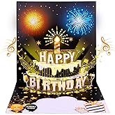 BEAN LIEVE DIY 3D Pop Up Birthday Card with Fireworks Cake, LED Lights & Music - Elegant Black and Gold Greeting Card for Women, Men, Grandma, Mom, Kids, Dad - Unique Birthday Gift for All Ages