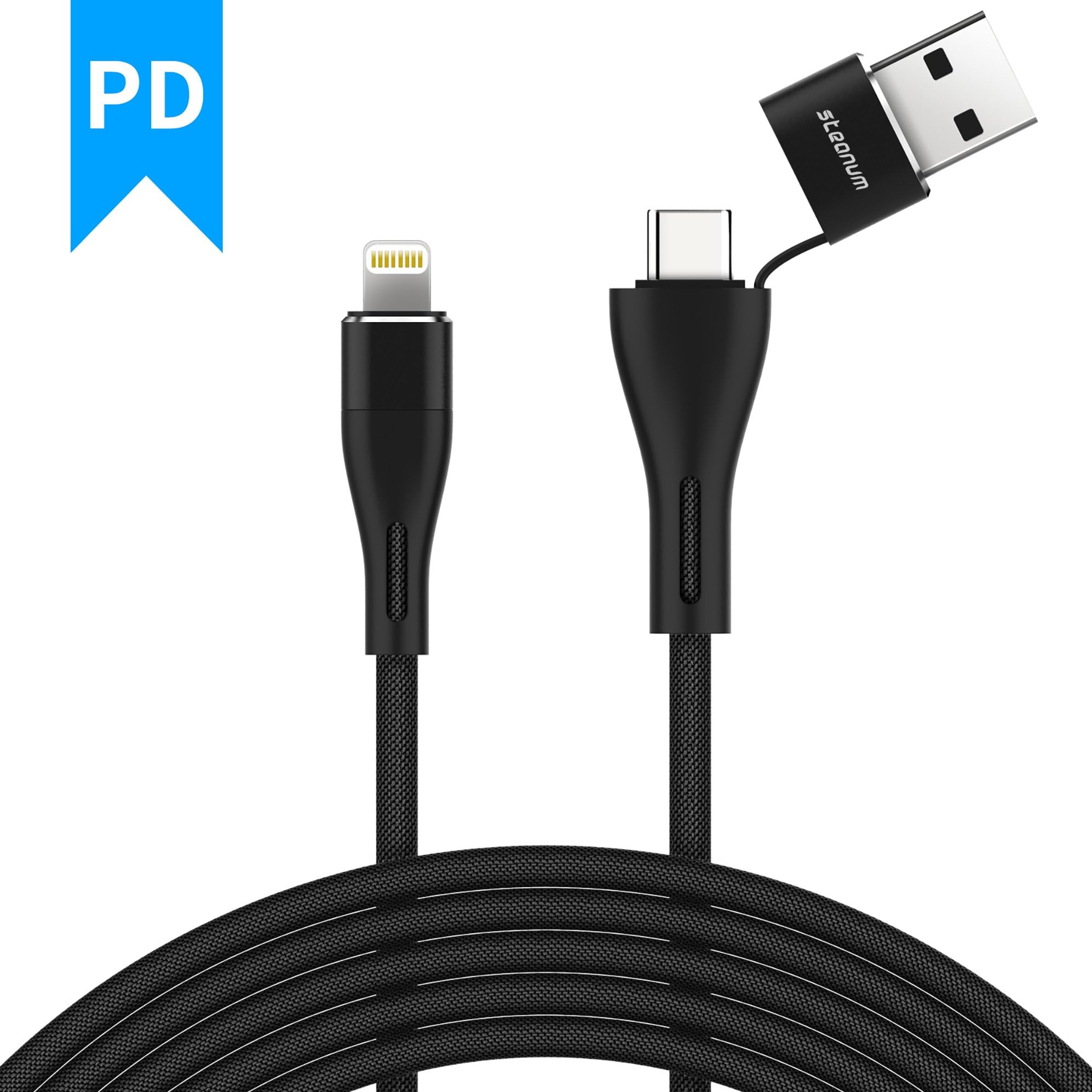 USB C to Lightning Cable, Steanum 2 in 1 USB 3.0 Fast Charging Cable PD with Type C/ USB Data Sync Durable Nylon Braided Cord 1.2M/3.9ft for iPhone X /8 / 8 plus, iPhone 7/ 7 plus, iPhone 6/ 6s/ 6s plus, iPhone 5/ 5s, iPad mini, iPod, MacBook(Black)