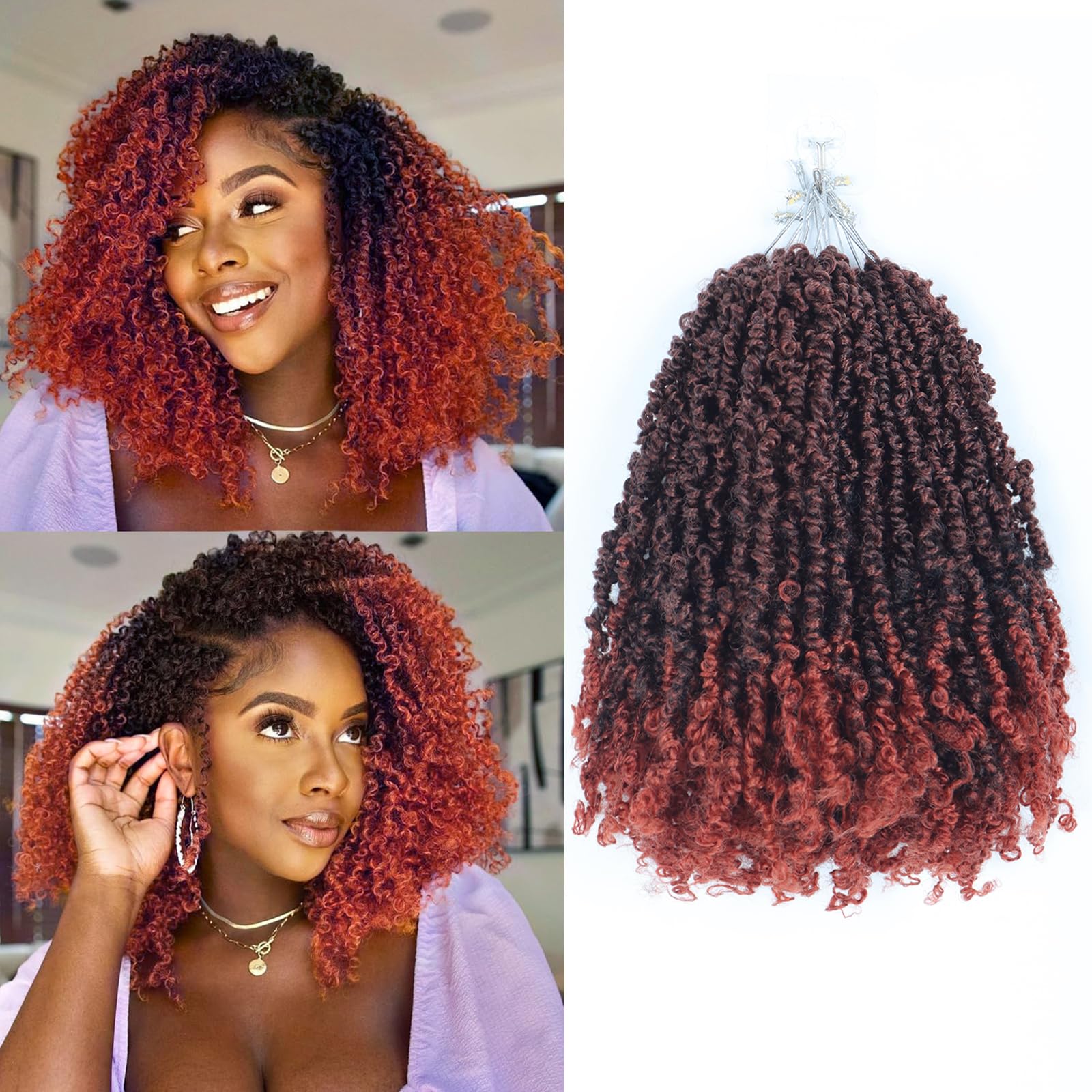 Ainimiu Yanky Twist Crochet Hair - 8 Inch 8 Packs Pre-Twisted Fluffy Spring Mini Passion Twist, Ombre Brown Pre-Looped Crochet Braids Braiding Hair