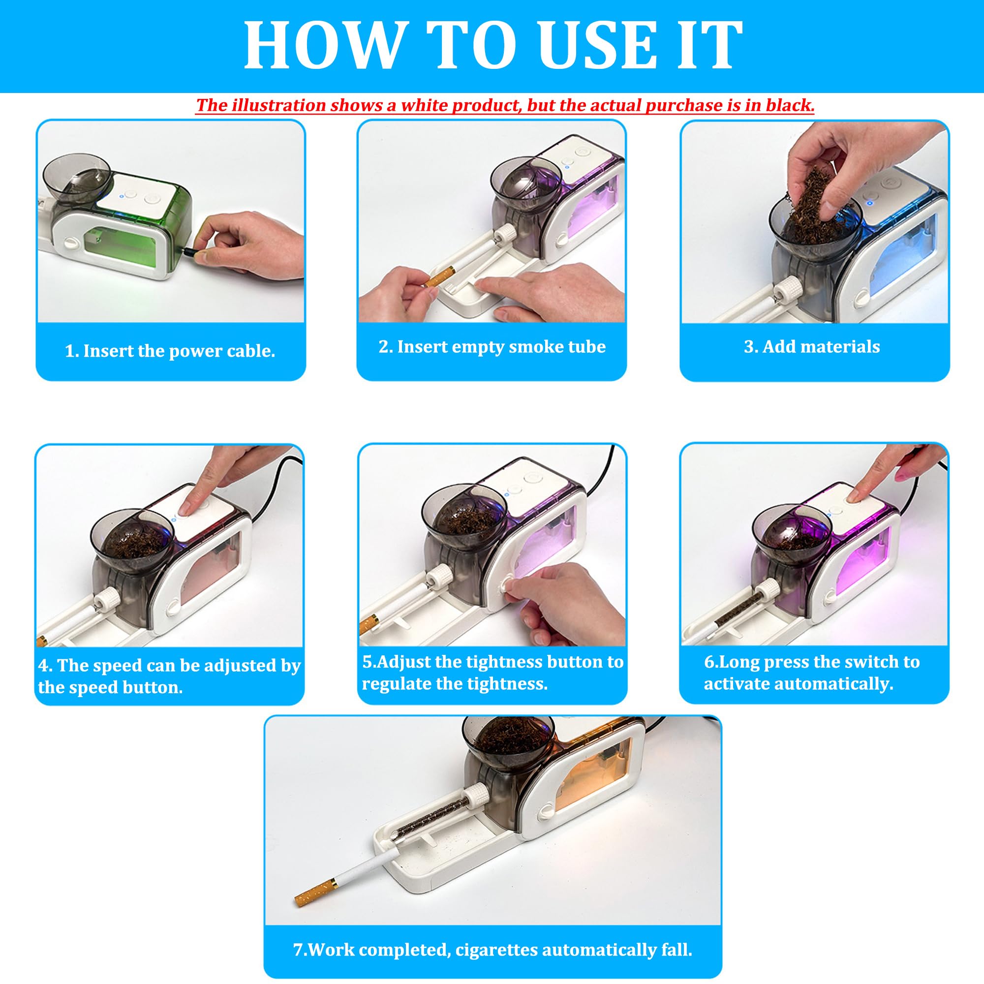 Electric Tobacco Cigarette Rolling Machine, Portable Cone Loader Injector Machine, Multi-Color Pulsating Light Black Adjustable Roller for Cigarette Fit 5.5/6.5/8mm & Pre Rolled Cones for King Size