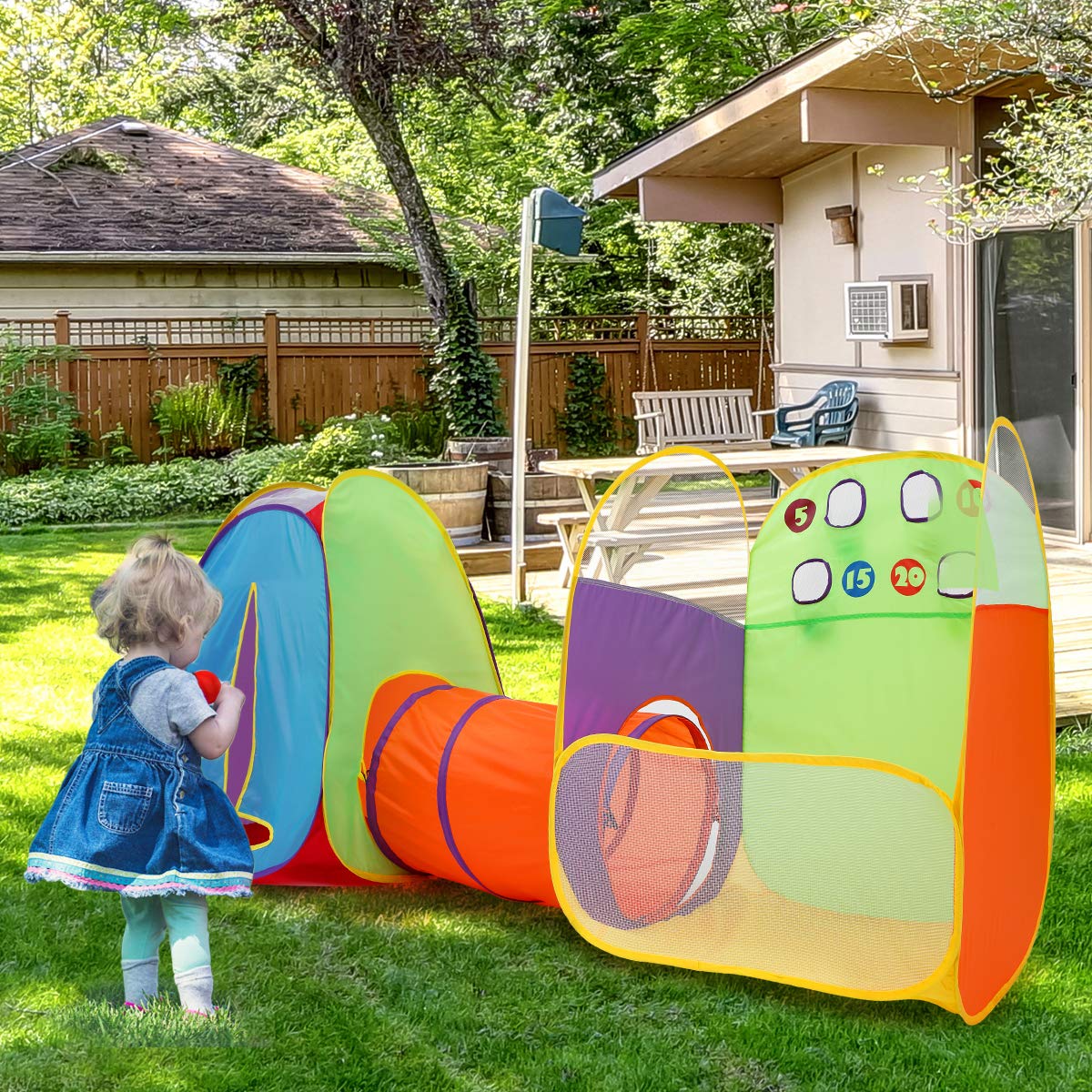 Kids Tent Play Tents Fun Toss It Game Zone 3-in-1 Pop Up Tent Play Tunnel Indoor Outdoor Tents Great Game & Toy Gift for Children (Include 4 Balls)