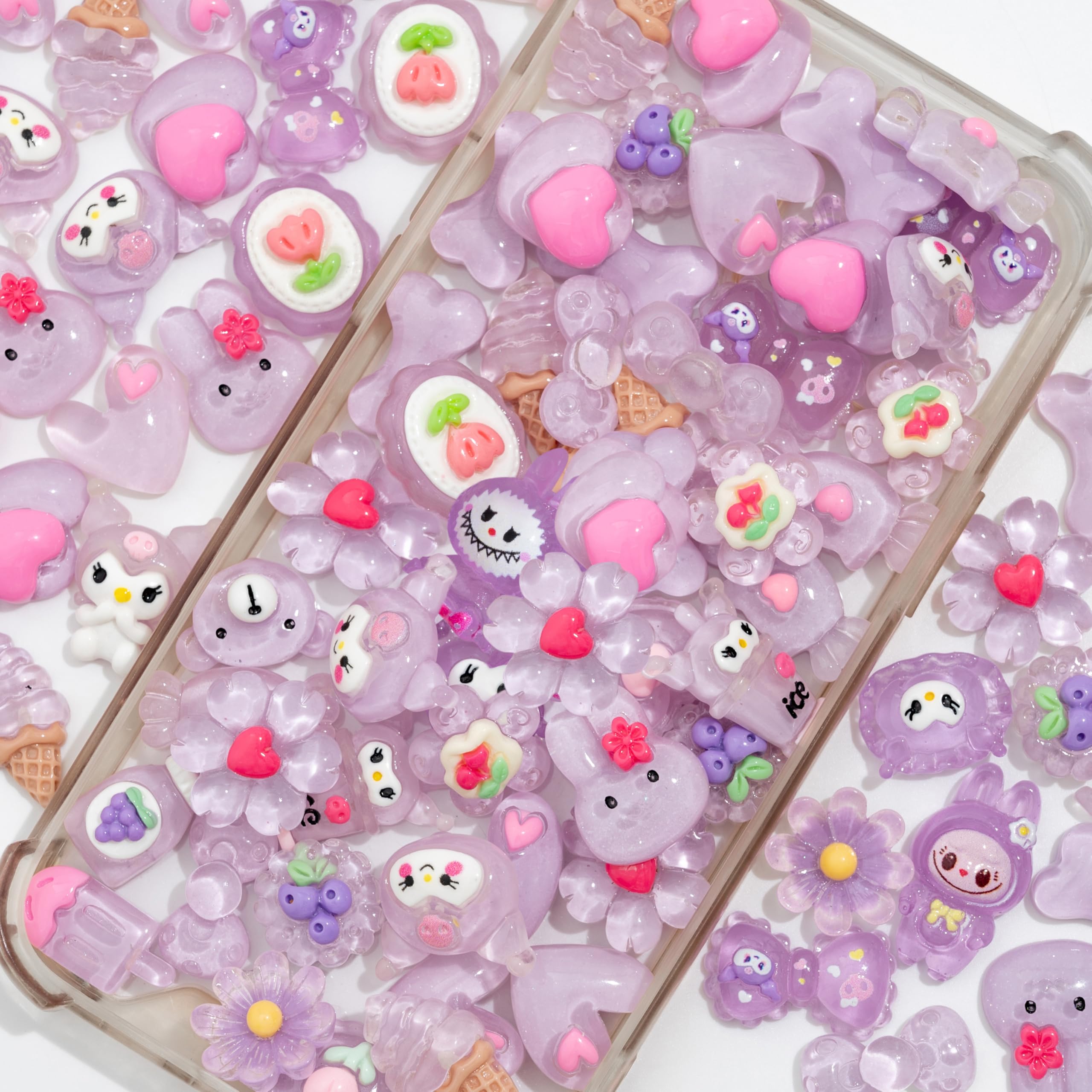 Photo 1 of Decoden Charms 100PCS Mixed Kawaii Flatback Resin Charms for Crafts, Cabochon for DIY Projects, Slime Charm, Resin Art, Scrapbooking, Phone Case & Accessories (Purple)