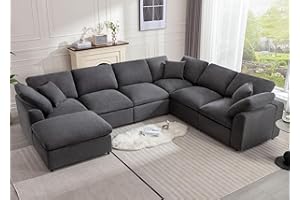 Siiejia Modular Sectional Sofa Modern Oversized Cloud Couch with Movable Ottoman 7 Seater L-Shaped Sofas Comfy Couches for Living Room Spacious Space Office Lounge, Dark Grey