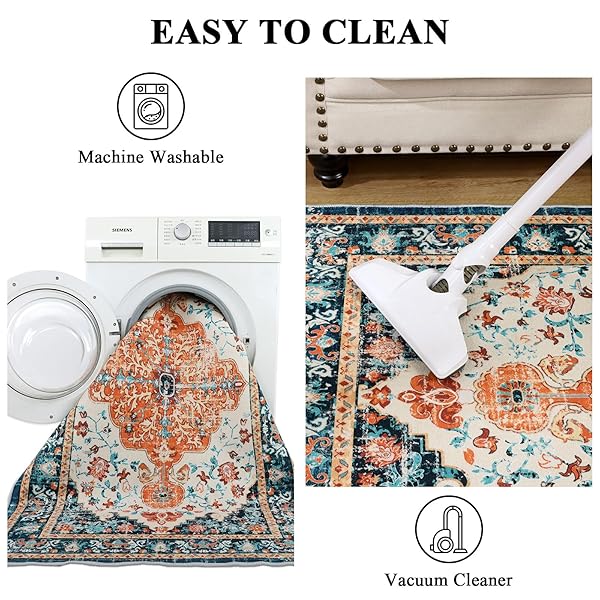 U’ARTLINES BOHO VINTAGE AREA RUG 5X7 MACHINE WASHABLE LOW PILE SOFT FLOOR CARPET NON SLIP NON SHEDDING ACCENT RUG FOR LIVING ROOM BEDROOM ENTRYWAY DINING ROOM OFFICE ORANGE/MULTI