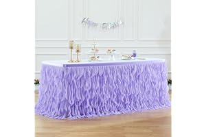 PARTISKY Lavender Purple Tulle Curly Willow Table Skirt for Rectangle Table 17ft, Ruffle Tutu Table Cloth for Girls Boys Baby Shower,Mermaid Birthday Party