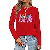 Women's Christmas Shirts Long Sleeve Merry Christmas Tree Shirts for Women Xmas Holiday Party Tees Tops