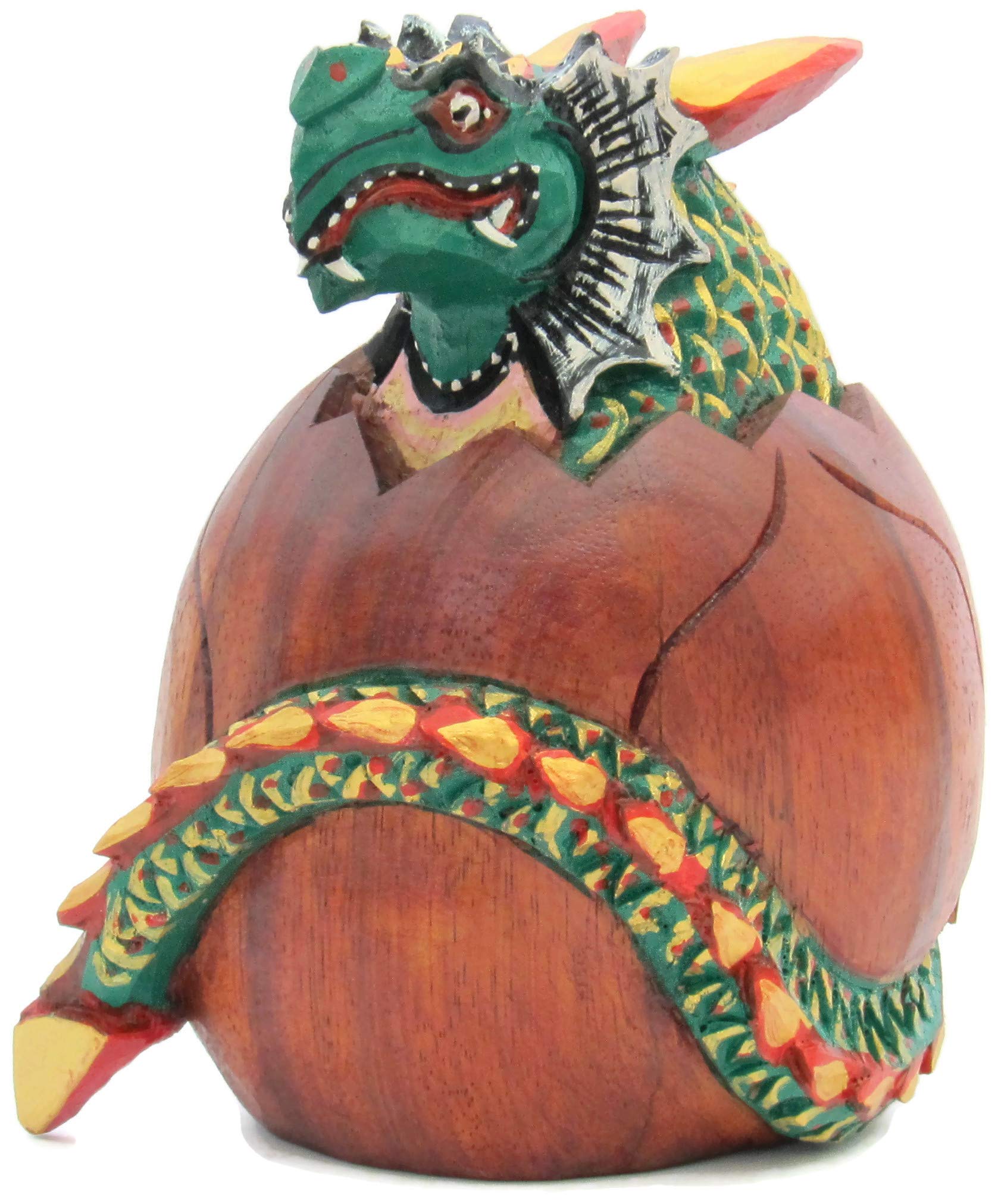 Brave Wings Hand Carved and Painted Wooden - Small Hatching Dragon with Green and Golden Scales - Wood Ornament Sculpture Figurine Statue Unique Table Decoration Home Decor Gift for Birthdays - - 1204