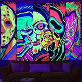ARTCREATOR Black Light Art Halloween Wall Decor Trippy Blacklight Horror Face Tapestry, UV Reactive Tapestries Glow in The Dark Party Tapestry for Bedroom, Living Room (29