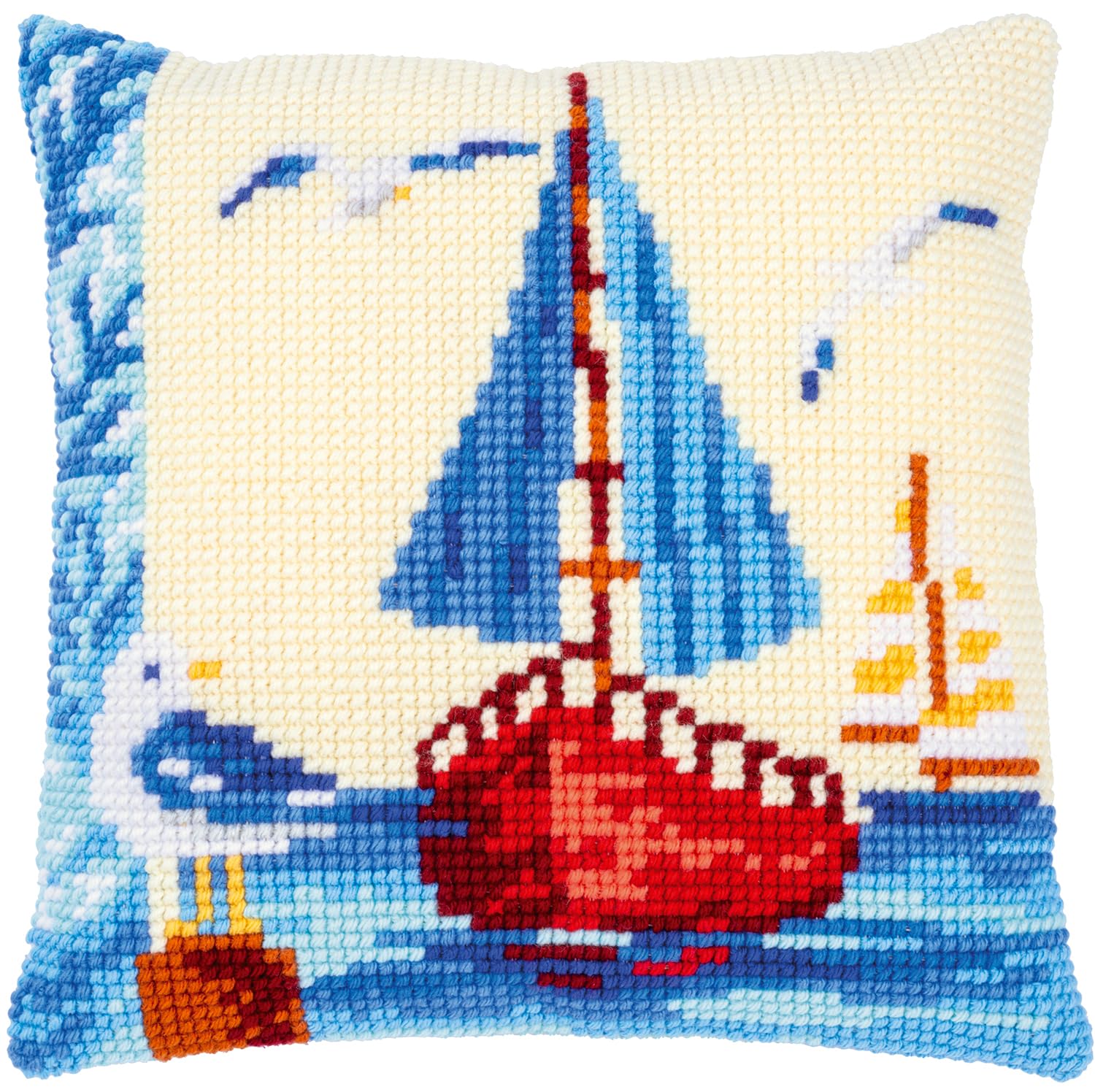 Vervaco Cross Stitch Kit Cushion Complete Set Sailboat Decoration Manual Embroidery Kit Adult Art Creative Gift DIY Cross Stitch Embroidery ca. 40 x 40 cm