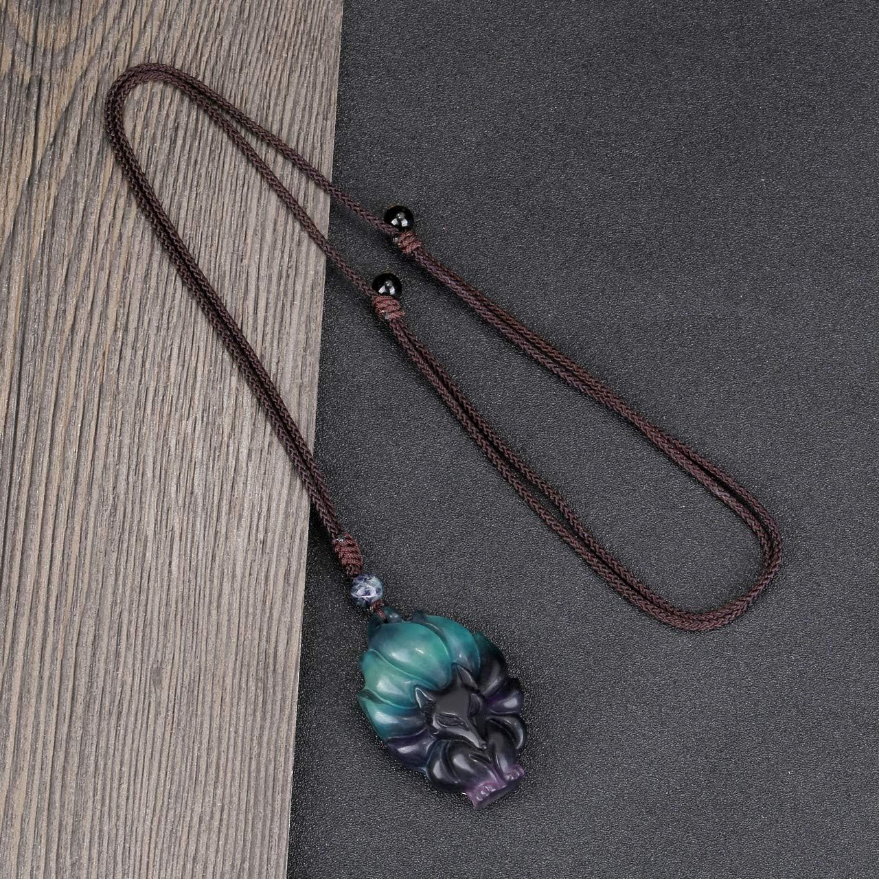 JSDDE Natural Crystal Gemstone Fox Pendant Necklace with Adjustable Woven Rope Chain (Fluorite), Fluorite (Nine-tailed Fox) - Image 4