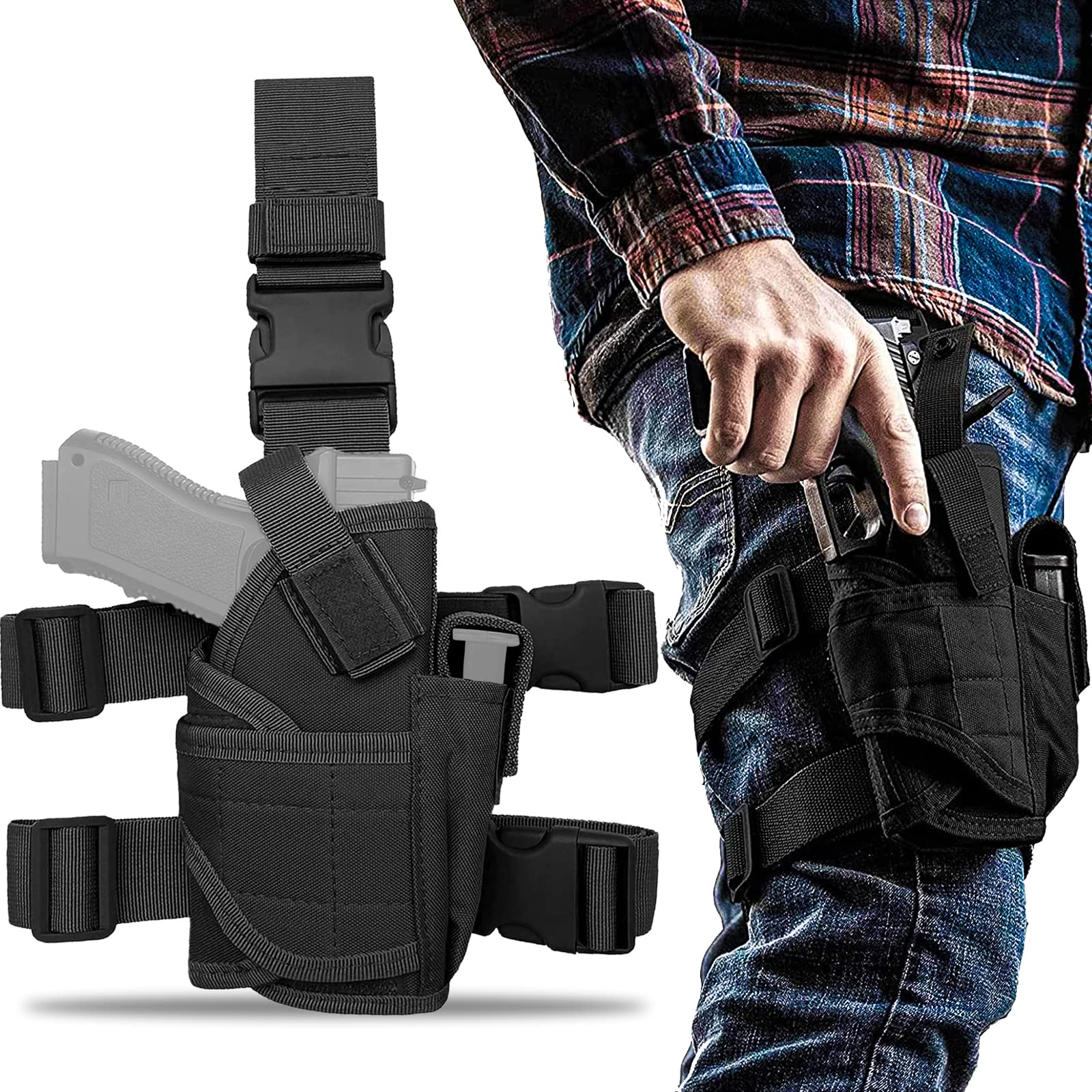 Zonsuse Tactical Drop Leg Holster with Magazine Pouch, Adjustable Gun Holster for Hunting, Shooting, Military Games, Training or Cosplay (Black)