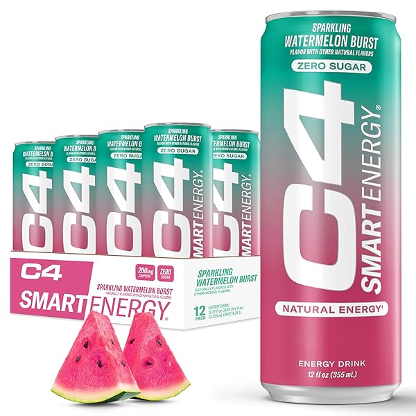CELLUCOR C4 SMART ENERGY DRINK ‚ BOOST FOCUS AND ENERGY WITH ZERO SUGAR, NATURAL ENERGY, AND NOOTROPICS – 200MG CAFFEINE – WATERMELON BURST (12OZ PACK OF 12)