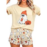 UNIQUEONE Women Halloween Pajamas Ghost Short Sleeve Sleepwear Lounge Set | Soft, breathable stretch fabric, relaxed fit, perfect for sleeping, lounging, Halloween party, movie nights,fall evenings