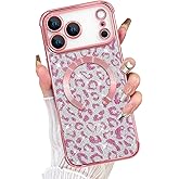 Fiyart Designed for iPhone 17 Pro Case 2025,Compatible with MagSafe Plating Camera Protection Cheetah Leopard Print Glitter Magnetic for Women Men Shockproof Phone Bumper 6.3"-Pink