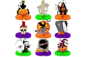 HAOLONGFA Halloween Table Decorations – 9Pcs Honeycomb Centerpieces for Table Featuring Pumpkin, Ghost, Cat, Castle, Tombstone,Spooky Decor for Kids Birthday and Halloween Party