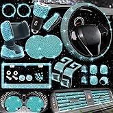 NBTEPEM 27 PCs Aquamrine Bling Car Accessories Set for Women, Steering Wheel Covers Universal Fit 15 Inch, Bling License Plate Frame, Bling Phone Holder, Bling Car Coasters (Aquamrine Diamond)