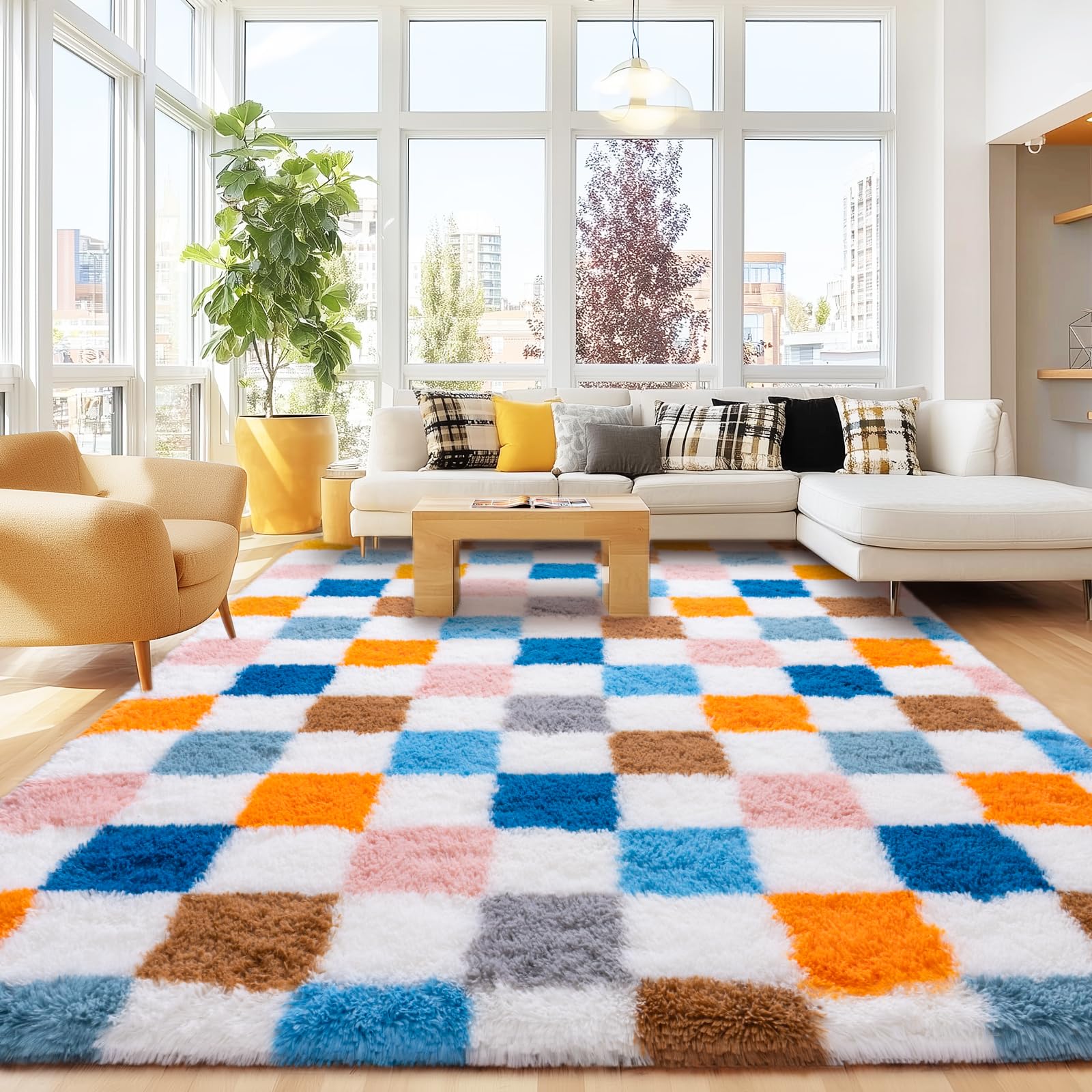 Photo 1 of Checkered 8x10 Area Rugs for Living Room, Ultra Soft Fluffy Large Shaggy Rug Carpet for Bedroom, Non-Slip Fuzzy Plush Rugs for Nursery Boys Girls Kids Room Modern Indoor Home Decor, Colorful