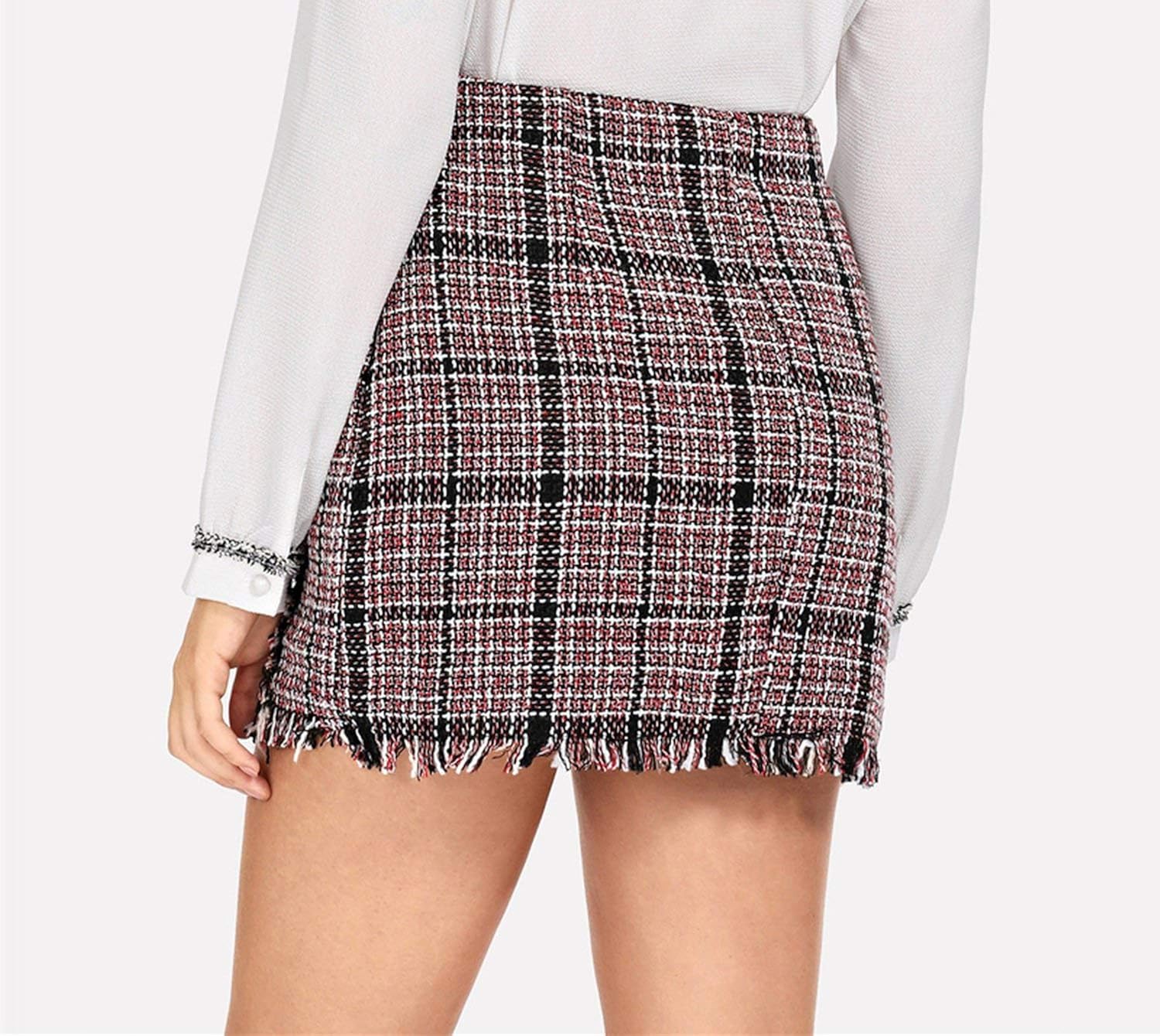 frayed trim plaid tweed skirt
