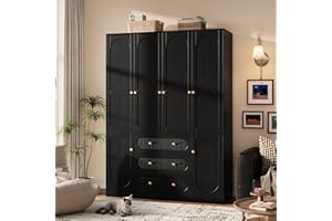 TOKSOM 4 Doors Freestanding Armoire Wardrobe Closet, 72" Black Wardrobe Armoire Wooden Closet Large Capacity Storage with 3 Drawers & 3 Hanging Rod Shelves Clothes Organizer