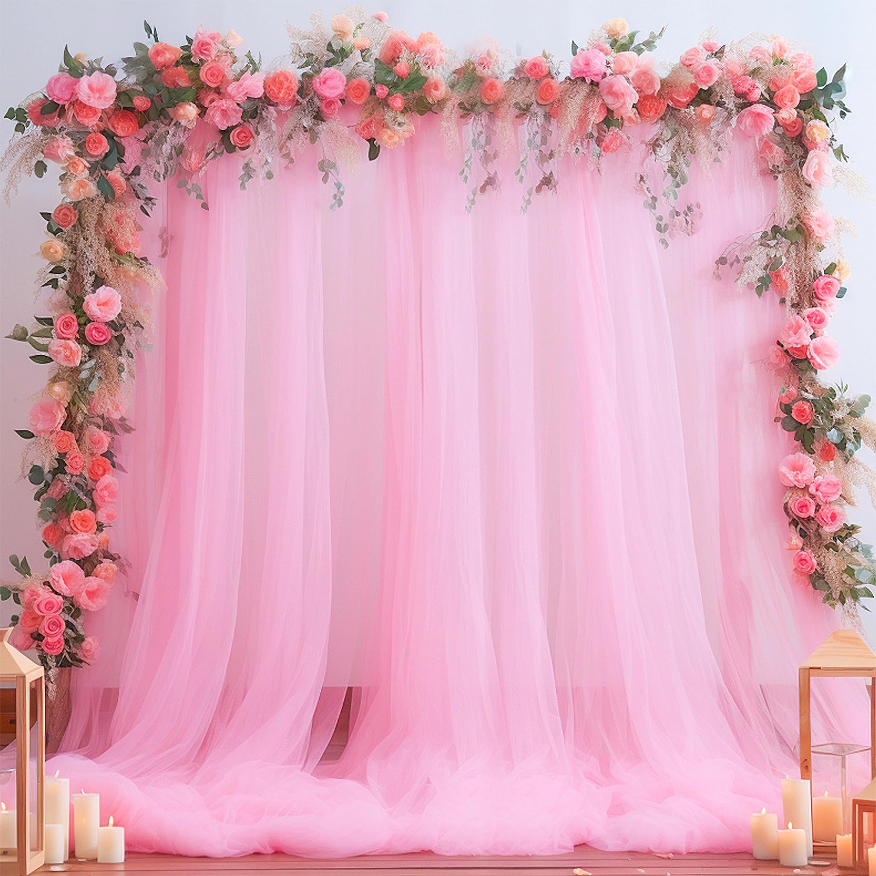 Photo 1 of Pink Tulle Backdrop Curtain for Parties Girls Baby Shower 10ft X 8ft Light Pink Sheer Backdrop Curtains for Birthday Party Wedding Photo Booth Decorations 2 Panels 5ft X 8ft