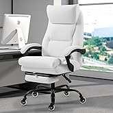Bonzy Home Reclining Office Chair with Foot Rest, High Back Ergonomic Executive Chair with Footrest, Superior Quiet Wheels, Lumbar Pillow, PU Leather Height Adjustable Computer Desk Chair, White