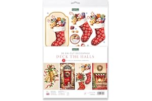 Katy Sue Deck The Halls Die-Cut Decoupage Pack. 12 Pre-Cut Die-Cut Decoupage Sheets for Christmas Card Making Supplies & Card Toppers Featuring Christmas Stocking, Jingle Bells & Holiday Scenes