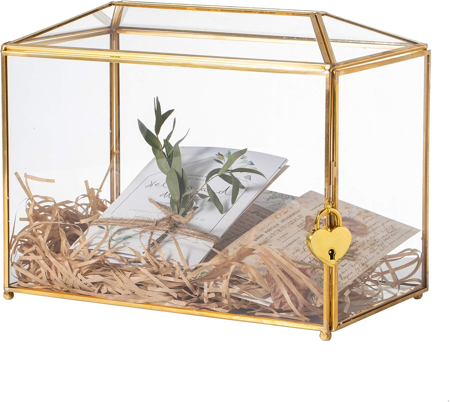 NCYP Glass Card Box with Slot and Lock for Wedding Party Reception, Keepsake, Small 26x15x20.3 CM Geometric Decor, Gold