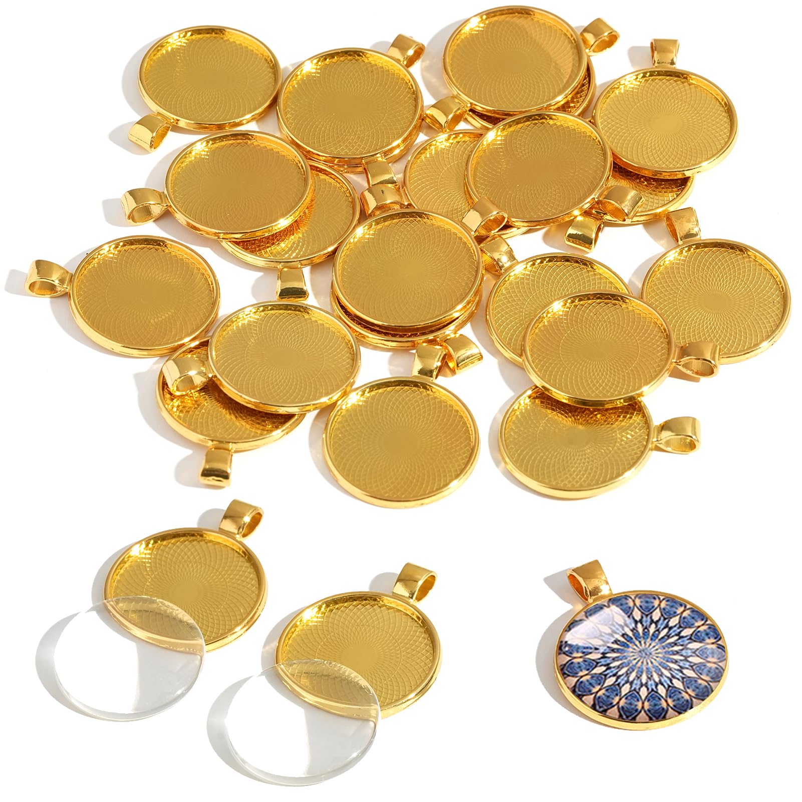 DAHI 60set Round Bezel Pendant Trays Gold Blanks & Alloy Blank Bezel Pendant Trays Diameter with Transparent Glass Cabochon Settings for Cameo Photo Necklace Jewelry Making