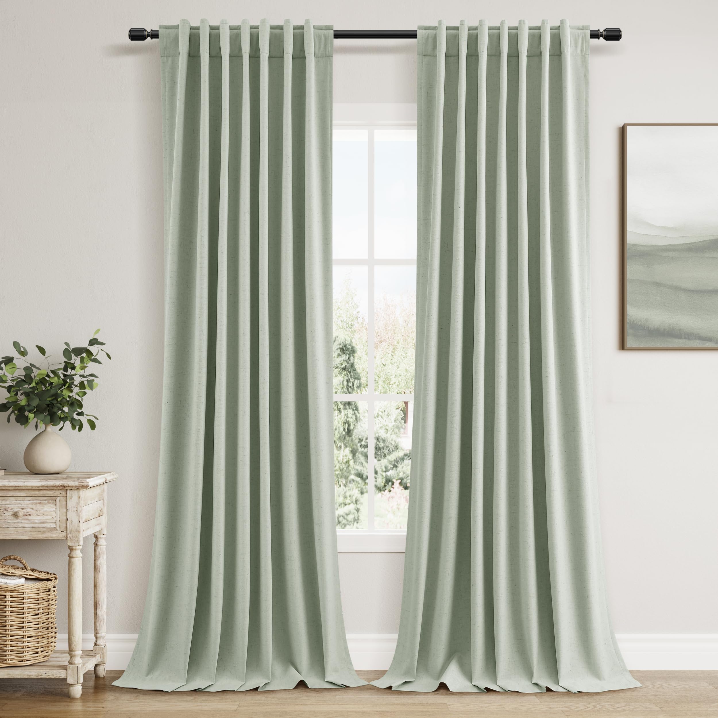Photo 1 of Guken Blackout Curtains 102 Inch Length 2 Panels Set for Living Room Bedroom Back Tab Thermal Insulated 100% Black Out Linen Drapes Room Darkening Window Curtains 102 Inches Long,Mist Sage