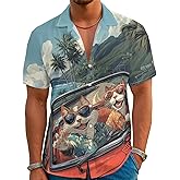 Evipop Funny Cartoon Print Hawaiian Shirt for Men Beach Vacation Casual Short Sleeve Button Down Aloha Shirt