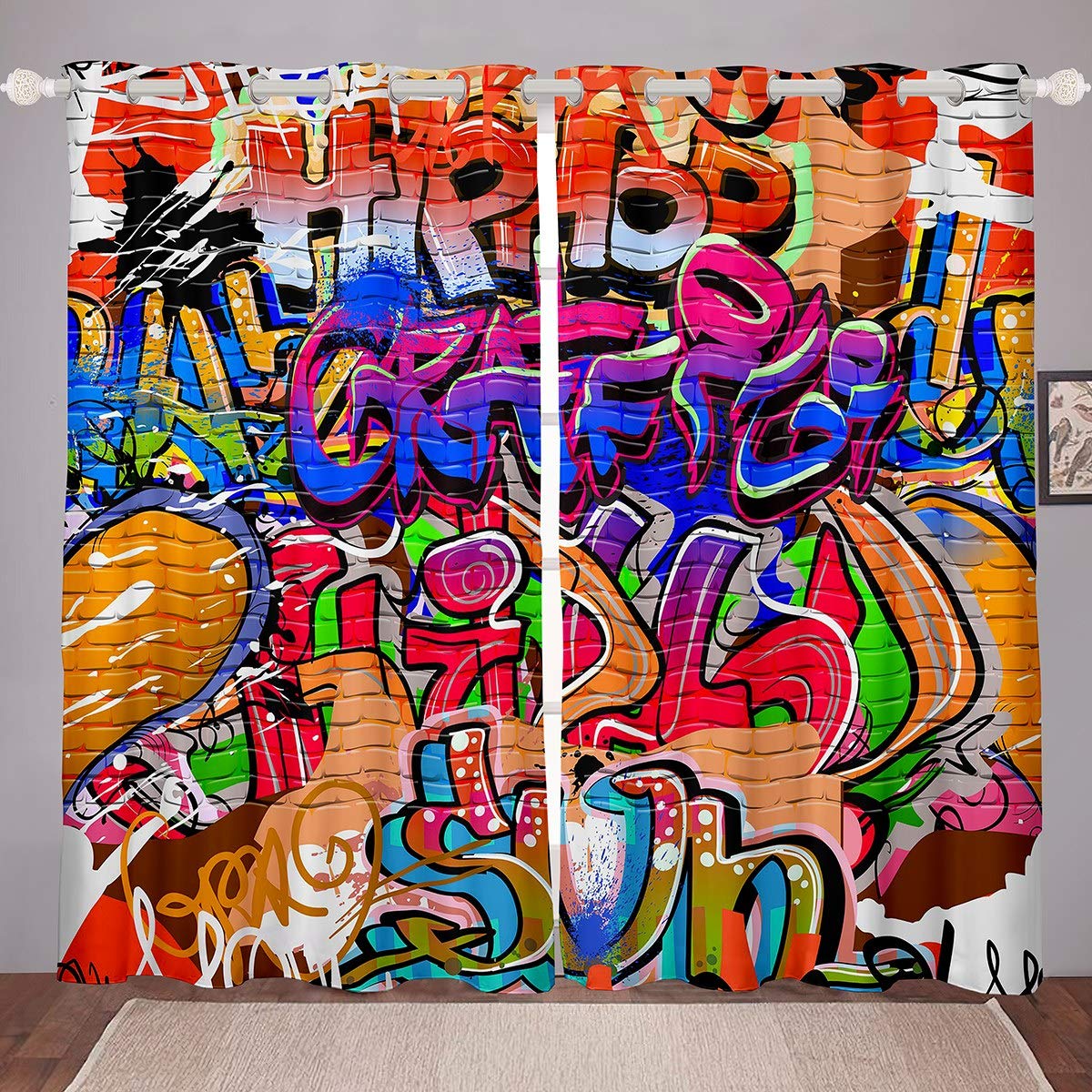 Loussiesd Teens Graffiti Pattern Window Curtain Panels Youth Hip Hop Style Window Drapes for Kids Boys Young Man Graffiti Pattern Window Treatments Street Culture Theme Grommet Top Room Decor W46*L54 — image 1