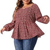 Agnes Orinda Plus Size Tops for Women Sweetheart Neck Long Sleeve Printed Peplum Top Blouse