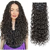 REECHO Curly Clip in Hair Extensions, 4PCS 24 inch Long Hair Extensions Clip ins Lace Weft Natural Hairpieces for Women Daily, Black Brown