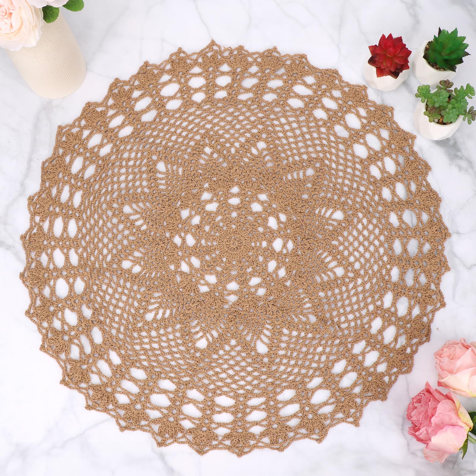 kilofly Handmade Crochet Cotton Lace Table Sofa Doily, Waterlily, Brown, 22 inch — image 1