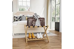 Semiocthome Fully Assembled Luggage Rack, Folding Suitcase Stand with Storage Shelf, Bamboo Wood Suitcase Rack fit Most Luggage Size for Guest Room Bedroom Hotel, Natural Color