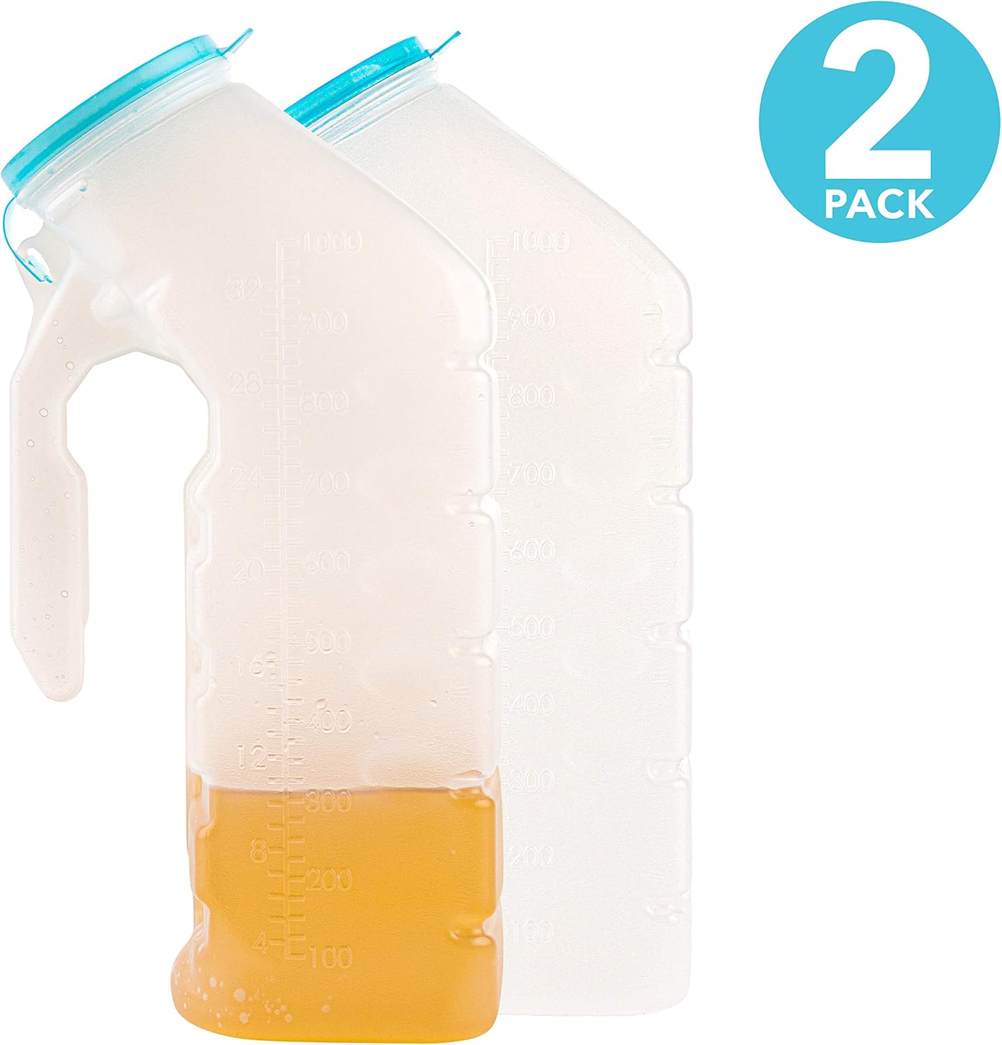 Male Urinal with Glow in The Dark Lid (2 Bottles) 32 Oz Urine Bottles for Men - Pee Bottles for Hospitals, Emergency and Travel: Health & Personal Care