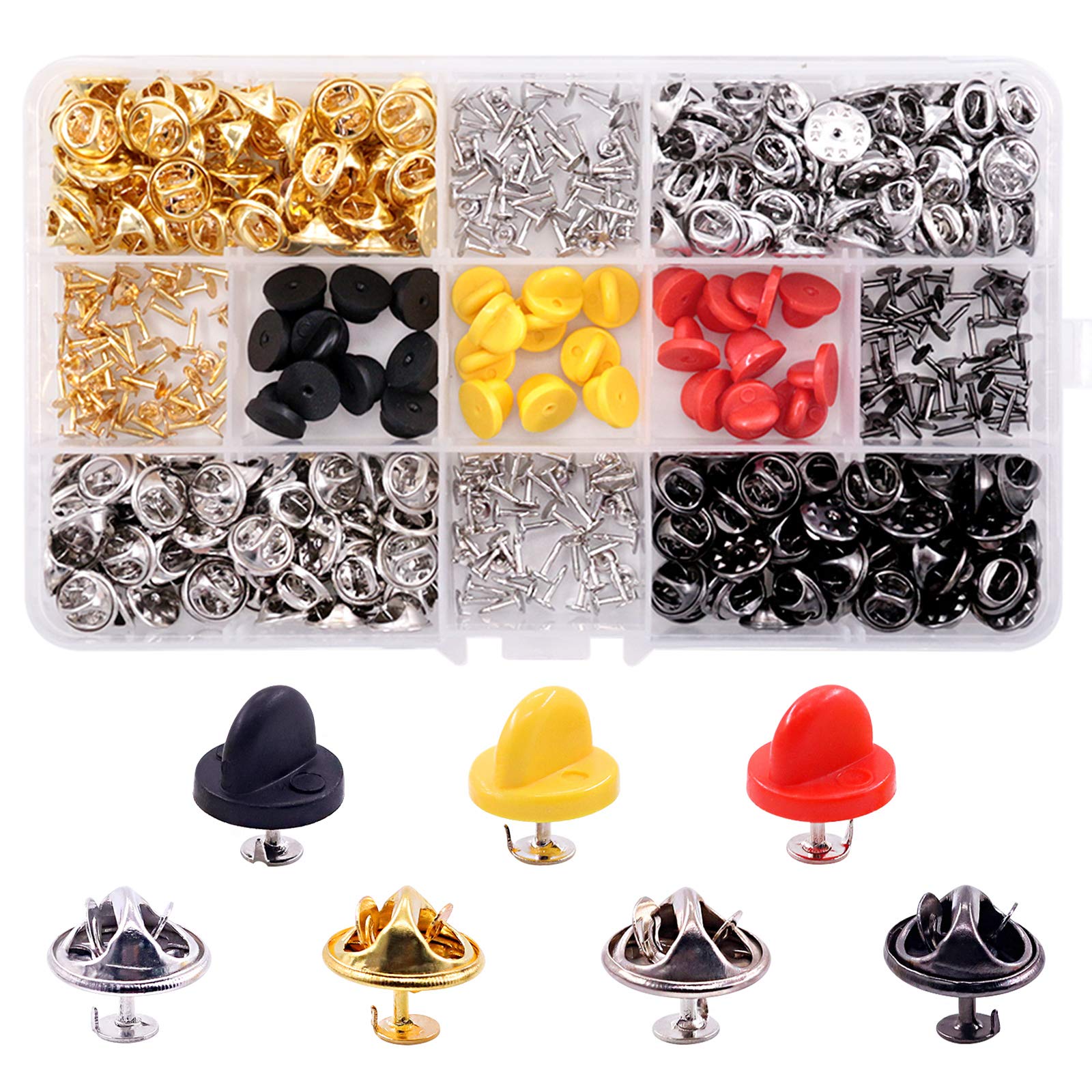 Rustark 430 Pcs Butterfly Clutch Tie Tacks Pin Back with 8mm Blank Pins Metal Replacement Lapel Fastener Clasps for Brooch, Cufflink, Jewelry Making (Silver, Gold, Black, Nickel)