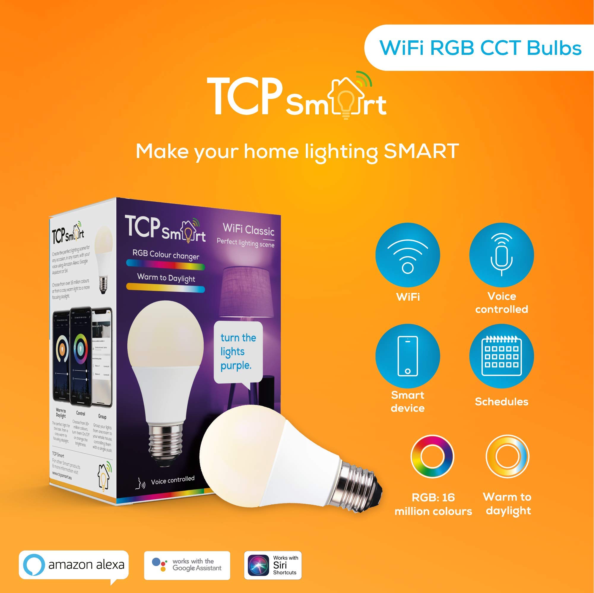 TCP Smart Wi-Fi LED Lightbulb Classic E27 Colour Tuneable White & Colour Changing Dimmable, Rgb