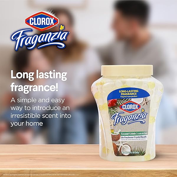 CLOROX FRAGANZIA CRYSTAL BEADS AIR FRESHENER, LONG LASTING ROOM DEODORIZER AND ODOR ELIMINATOR GEL BEADS TO FRESHEN HOME, CAR, OR OFFICE, COCONUT COLADA SCENT, 12 FL OZ