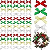 MEORLUSY 60PCS Mini Bows for Craft 1.5"*2"Small Satin Ribbon Bow Tiny Premade Bows for DIY Gift Wrapping Mini Sewing Bowknots Decoration for Tree Party Cake Baby Shower (Red+Green+Gold+Silver)