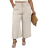 Neer Women's Plus Size Linen Cropped Pants, Wide Leg High Waist Capri Pants Summer Casual Beach Trousers with Pockets