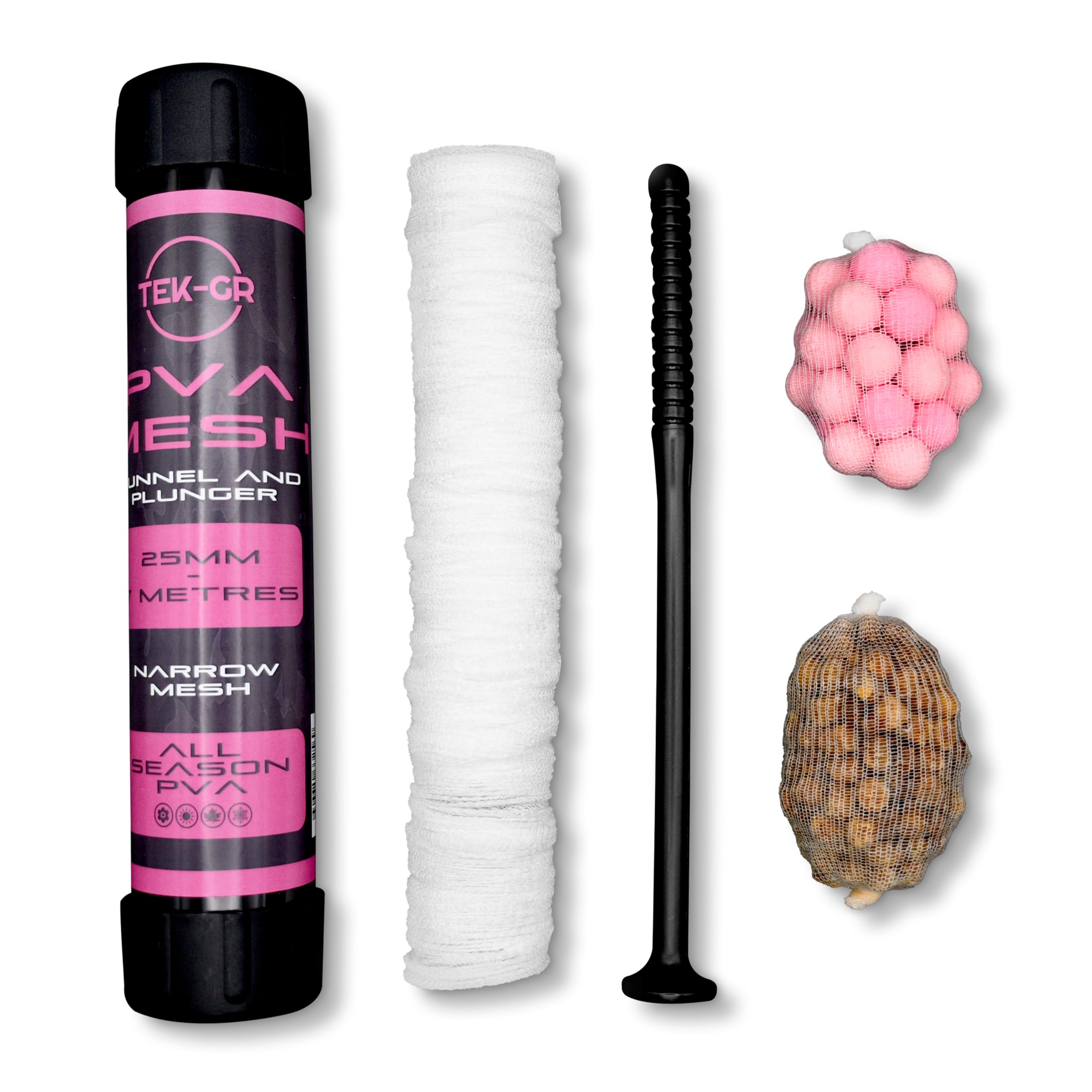 Tek-Gr 7Metres Pva Mesh Kit 25mm, 36mm, 44mm Pva Mesh Carp Fishing Accessories with Funnel & Plunger System, All Season Pva Mesh Bag -7M (7 Metres x 25mm)