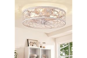 LEDIARY Caged Ceiling Fans with Lights, White Flush Mount Ceiling Fan with Remote, Small Low Profile Bladeless Ceiling Fan Li
