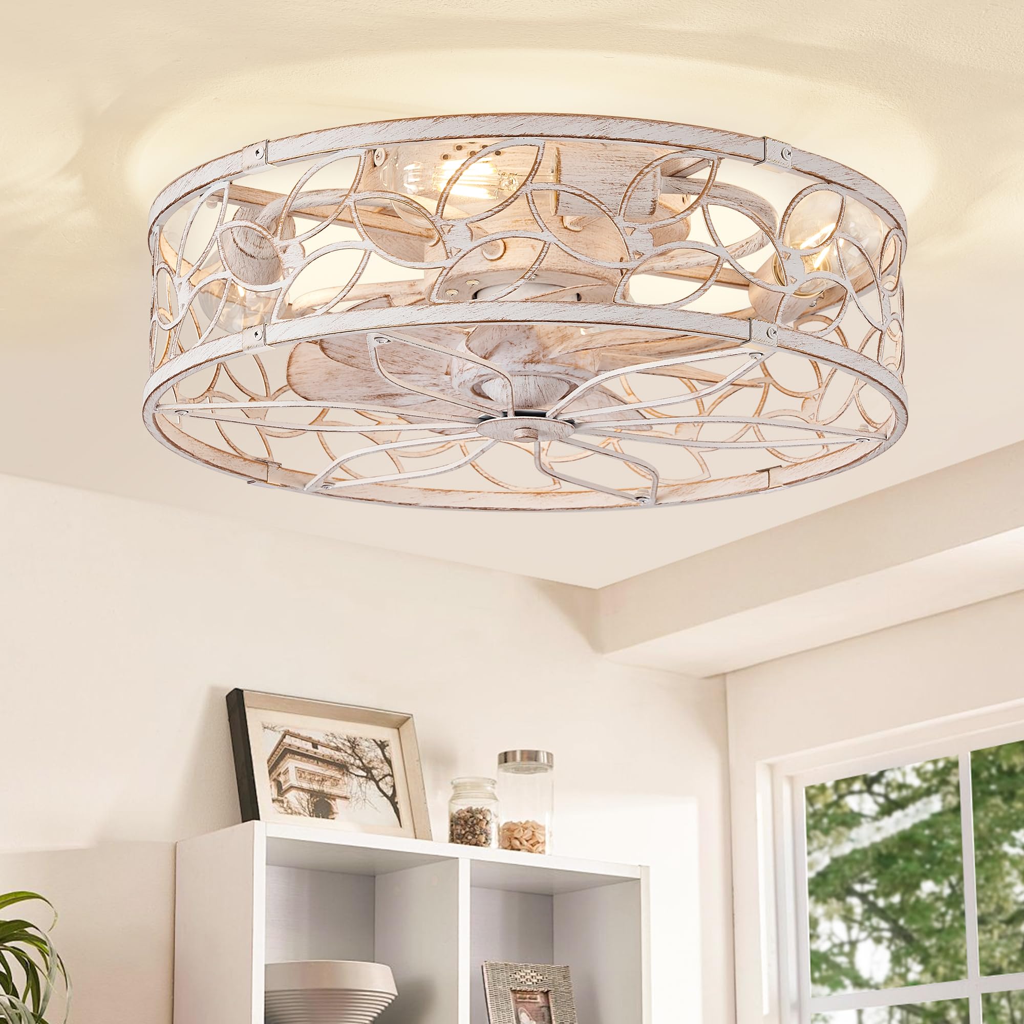 LEDIARY Caged Ceiling Fans with Lights, White Flush Mount Ceiling Fan with Remote&App, Small Low Profile Bladeless Ceiling Fan Light Fixture for Bedroom, Kitchen, Dining Room-White Gold Color Image